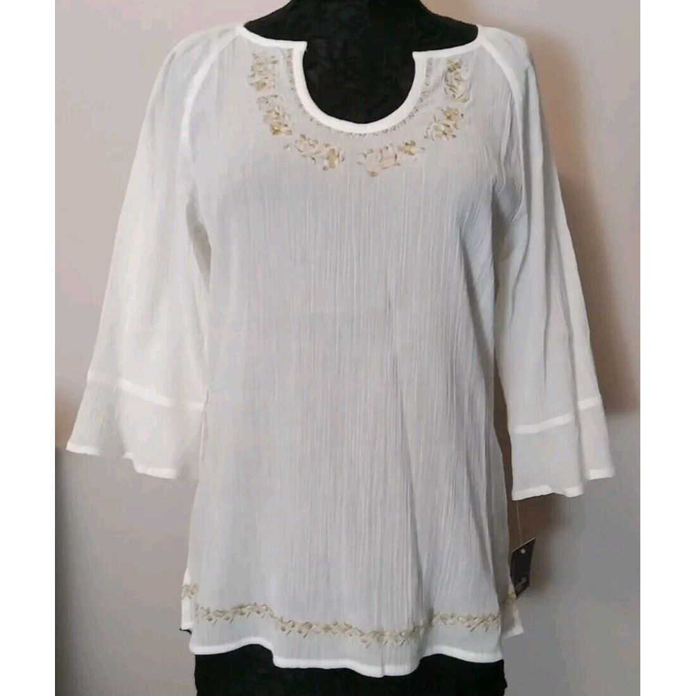 rafaella Weekend Women White Woven Beige Floral‎ Embroidery Top Size M